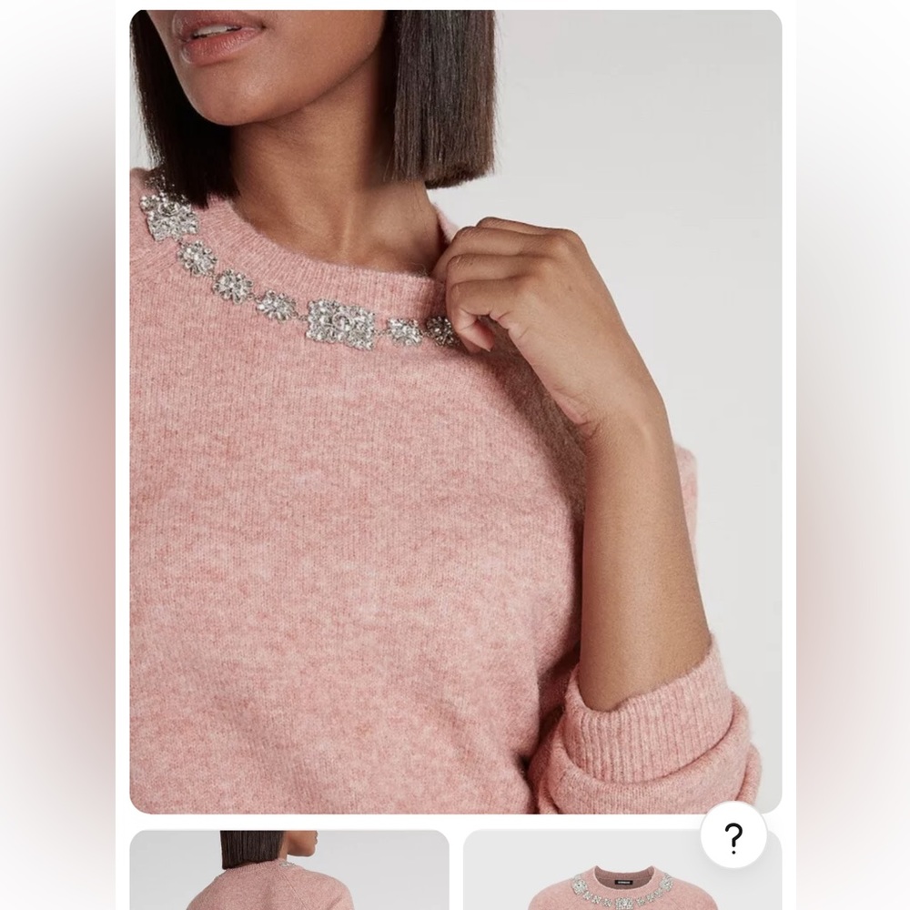 Express Women Embellished Neckline Cozy Crew Long Sleeve Dusty Rose Pink Sweater